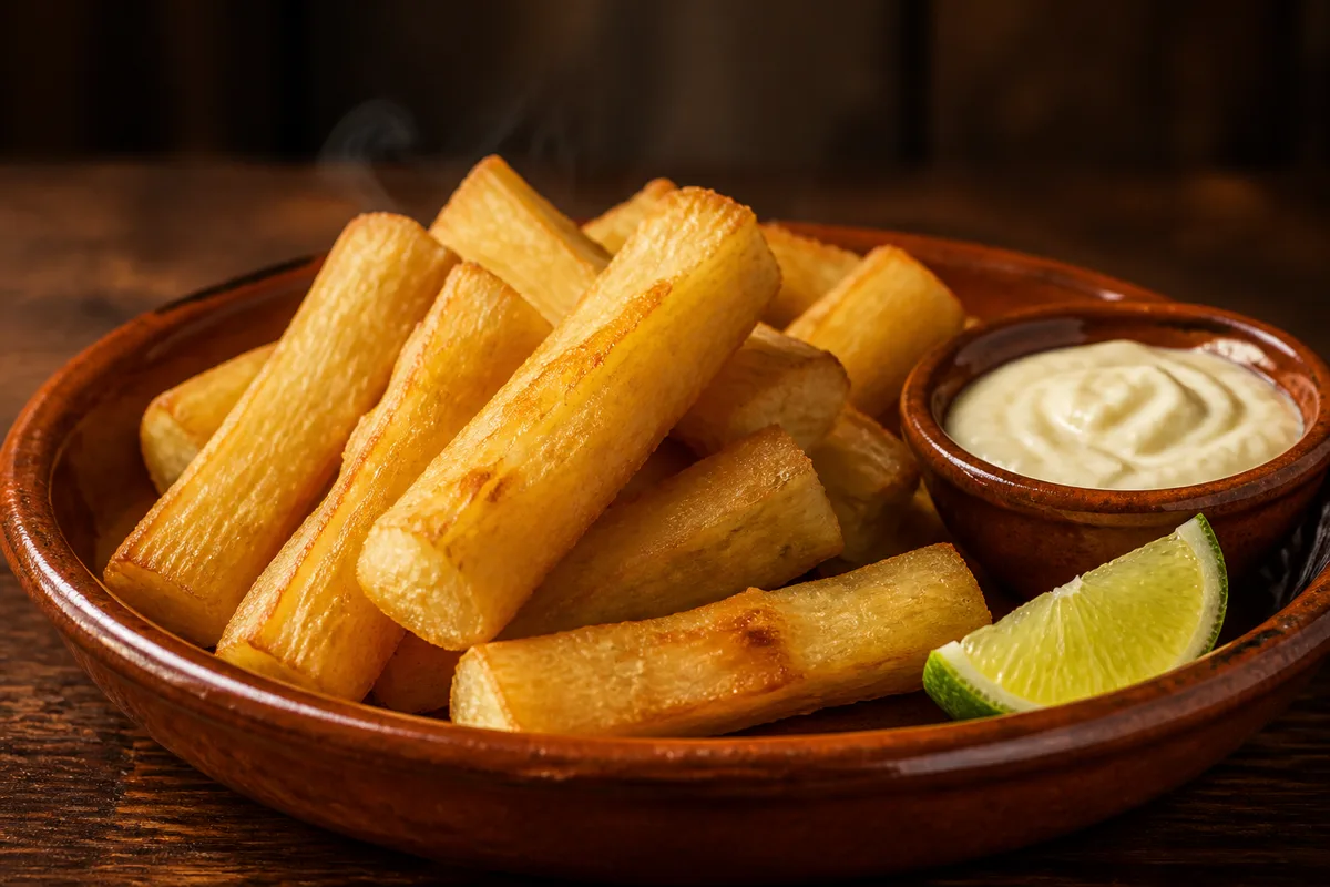 Bâtonnets de manioc frits dorés, servis dans un plat en terre cuite avec un quartier de citron vert