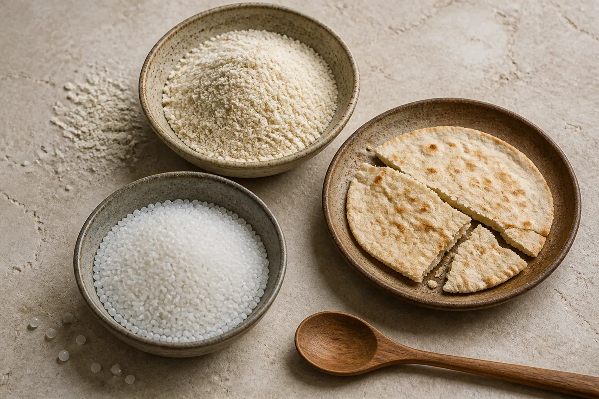 Farine de manioc et perles de tapioca présentées dans des bols en céramique sur un plan de travail