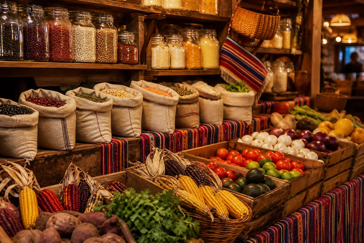 Étal coloré de produits d'épicerie latino-américaine, sacs de farine de maïs, épices et fruits tropicaux
