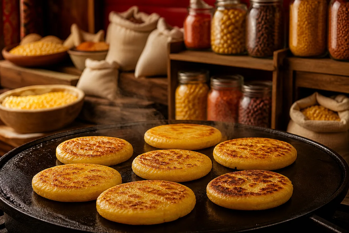 Galettes de maïs dorées posées sur une plaque en fonte chaude, dans une cuisine familiale