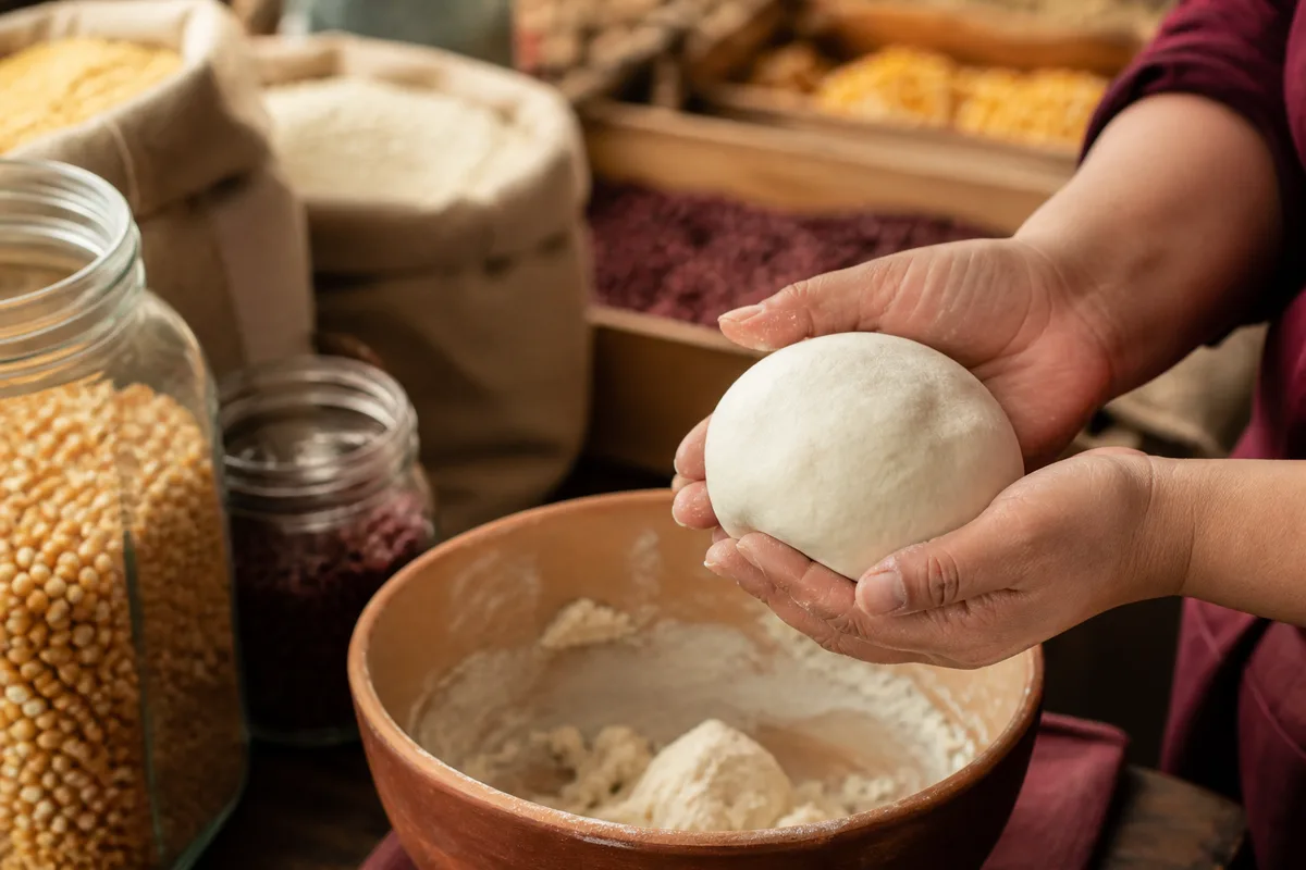 Mains formant une boule de pâte de maïs blanche au-dessus d&rsquo;un saladier