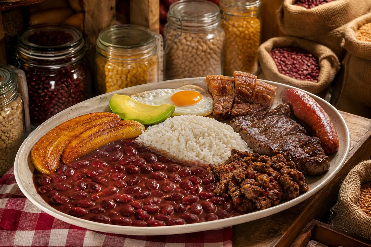Grand plateau ovale garni de haricots rouges, riz blanc, viandes grillées, banane plantain et avocat