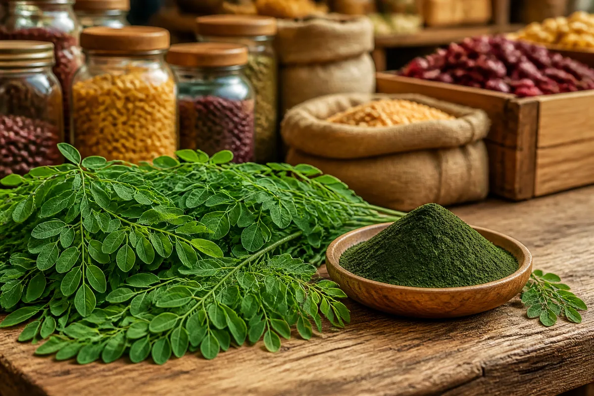 Feuilles fraîches de moringa et poudre vert sombre disposées sur un plan de travail en bois