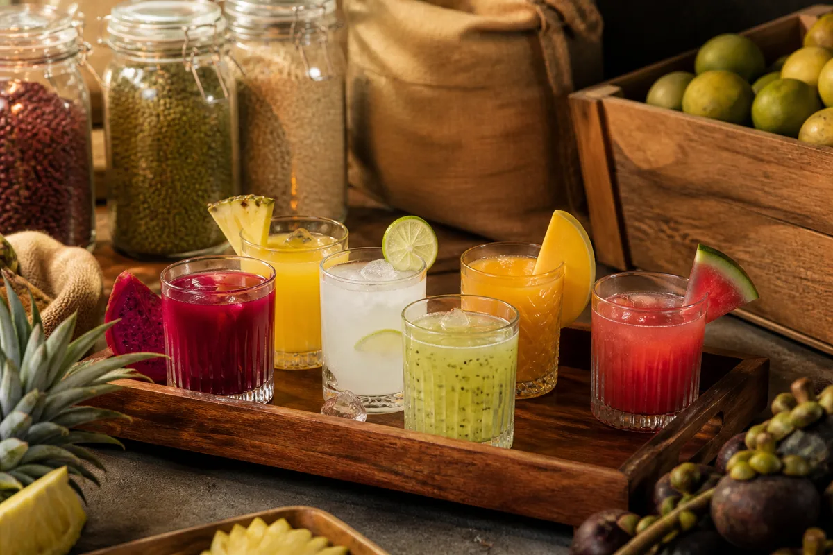 Plateau de plusieurs verres colorés de jus de fruits tropicaux et d&rsquo;eaux parfumées