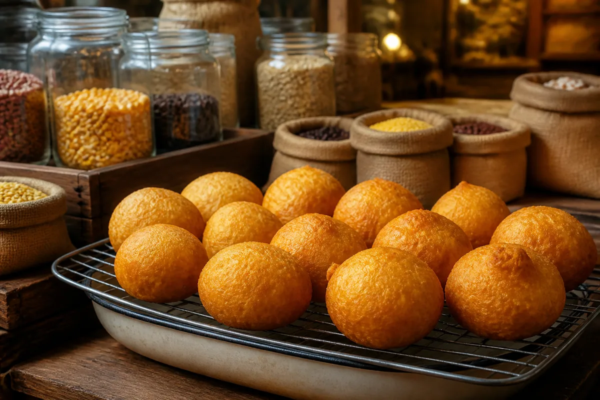 Boules dorées de beignets frits refroidissant sur une grille au-dessus d&rsquo;un plat