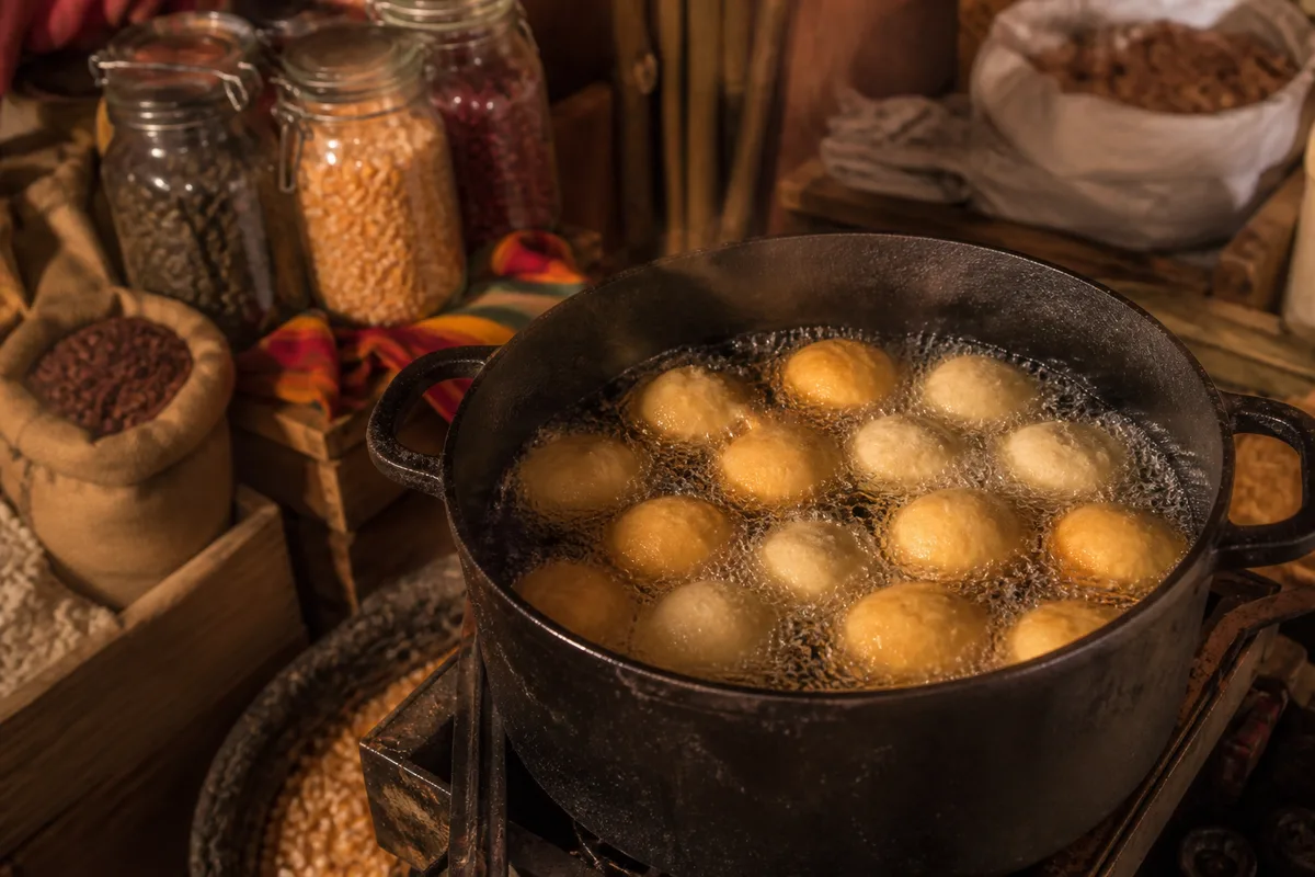 Boules de pâte crue tournant dans un bain d&rsquo;huile chaude dans une casserole profonde